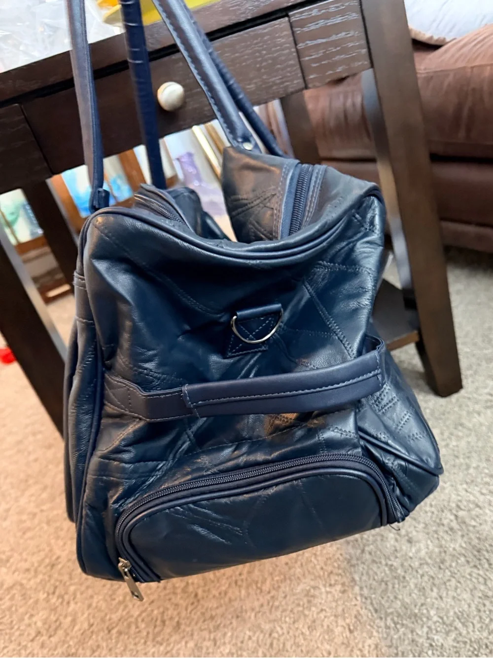 Navy Vintage Patchwork Genuine Leather Travel Carry-On Bag with Multi-Pockets